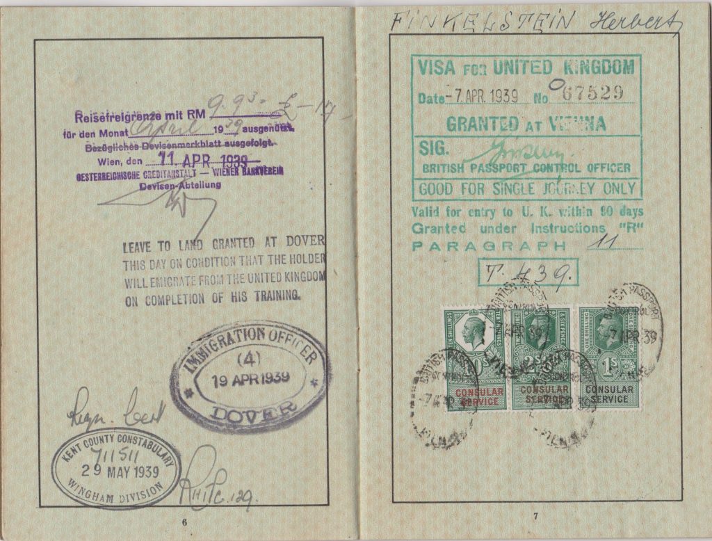 Kitchener camp, Herbert Finkelstein, German passport, stamps