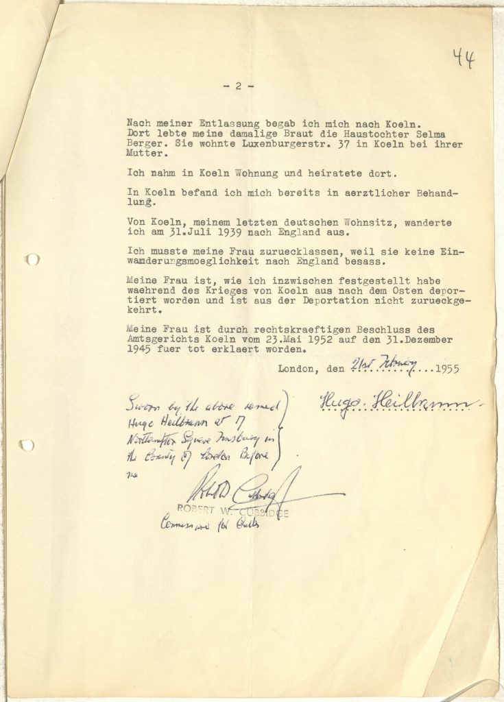 Hugo Heilbrunn, Affidavit given by Hugo Heilbrunn in February 1955 in relation to his claim for compensation from the German State, page 2
