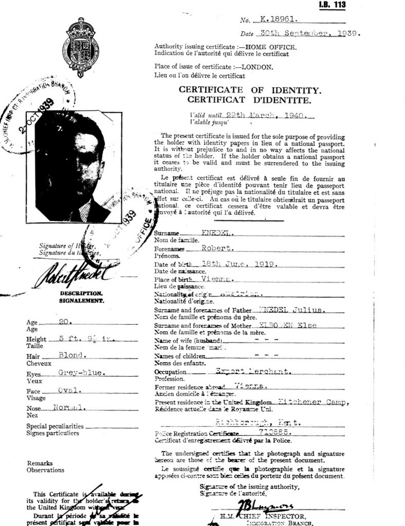 Kitchener camp, Robert Knedel, Home office Certificate of Identity, 30th September 1939