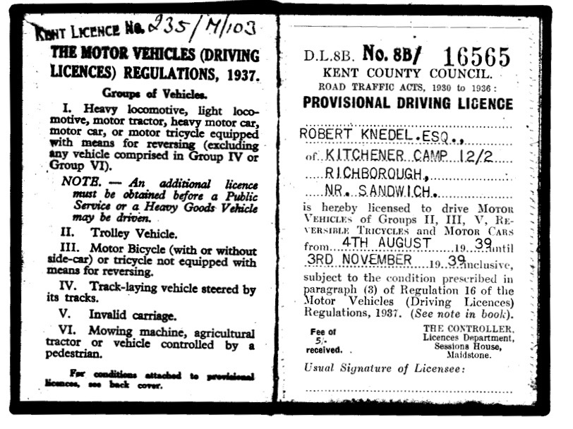 Kitchener camp, Robert Knedel, Driving Licence, 4th August 1939 to 3 November 1939