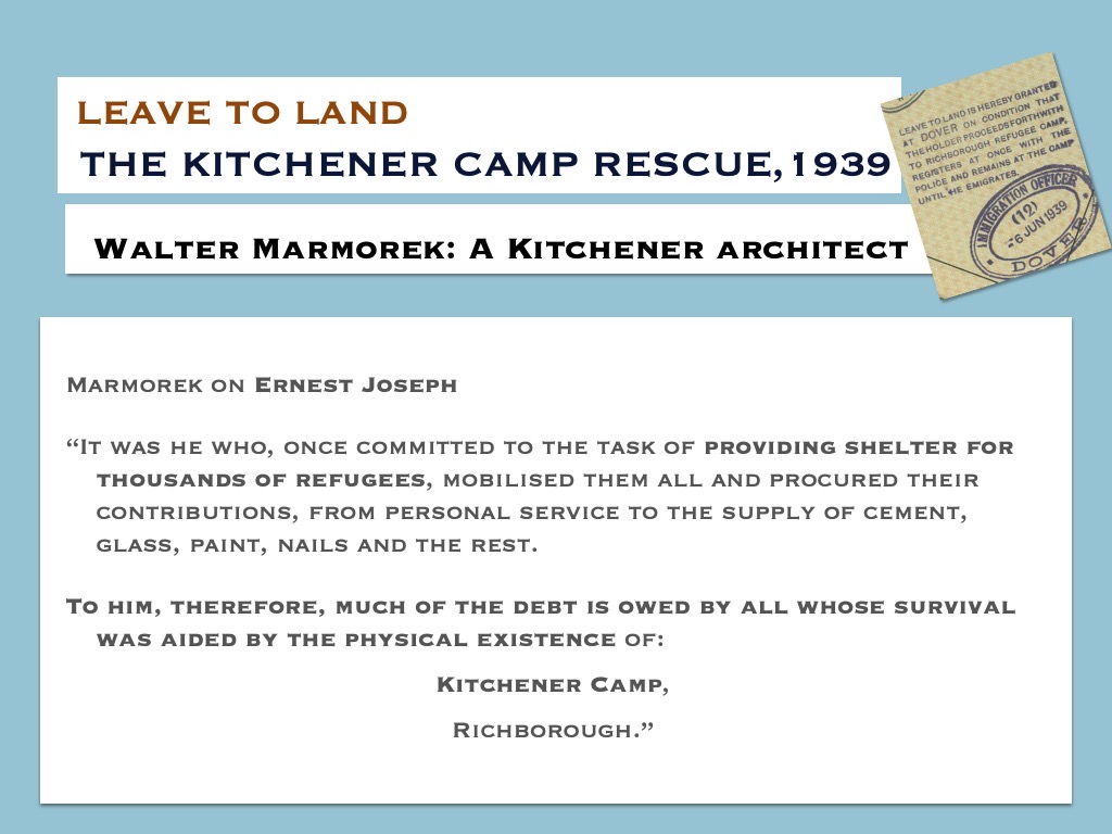 Slide, Walter Hans Marmorek, from 'Leave to Land: The Kitchener Camp Rescue, 1939', A travelling exhibition created from this digital collaborative Kitchener Camp Project. The website project (www.kitchenercamp.co.uk) and the travelling exhibition (https://wienerholocaustlibrary.org/exhibition/leave-to-land-the-kitchener-camp-rescue-1939-2/) were donated to the Wiener Holocaust Library in 2019 by Dr Clare Weissenberg, with the agreement of the Kitchener Camp Descendants committee and contributors