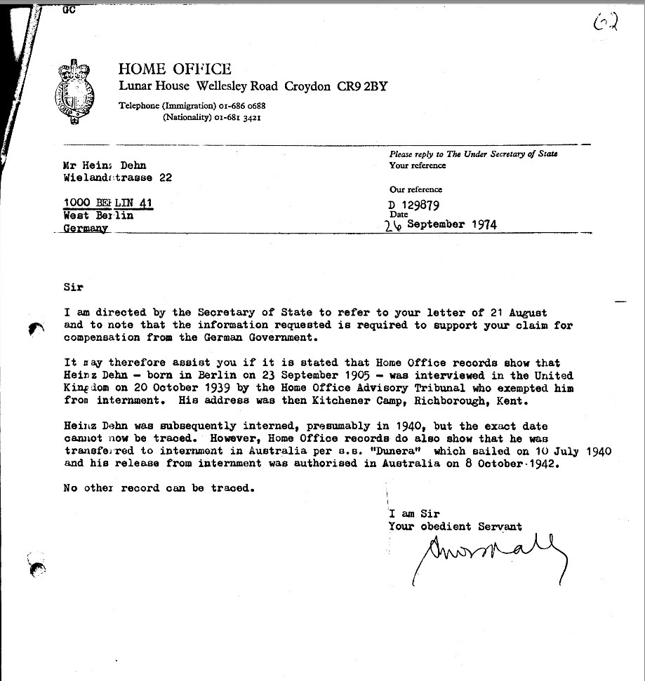 Kitchener camp, Heinz Dehn, Home Office letter, Internment, German government compensation, 26 September 1974