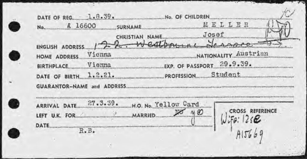 Kitchener camp, 1939 Josef Meller. Source: CBF files, via World Jewish Relief. Arrival card, front page. Kitchener camp, 1939 Josef Meller. Source: CBF files, via World Jewish Relief. Arrival card, front page.