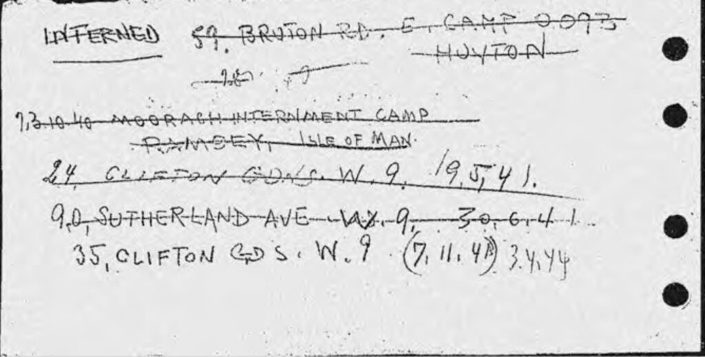 Kitchener camp, 1939 Josef Meller. Source: CBF files, via World Jewish Relief. Arrival card, reverse