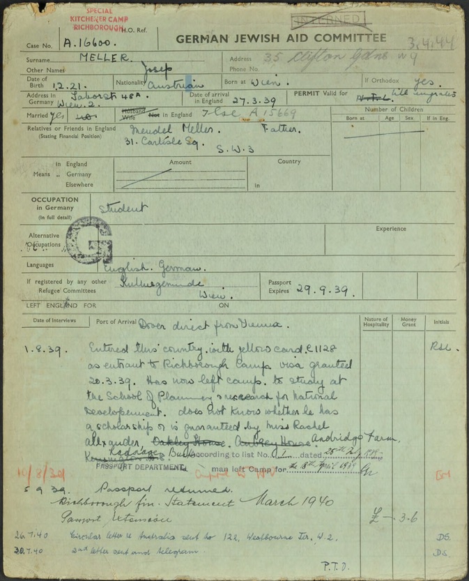 Kitchener camp, 1939 Josef Meller; Arrival date 27 March 1939. Source CBF files, via World Jewish Relief; P1