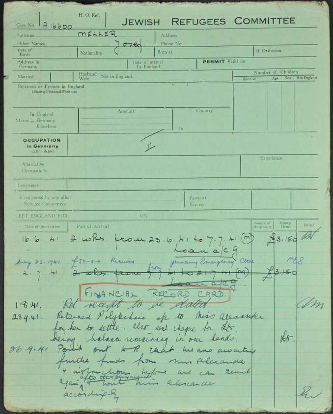 Kitchener camp, 1939 Josef Meller; Source CBF files, via World Jewish Relief; P1, Jewish Refugees Committee, from 16 June 1941