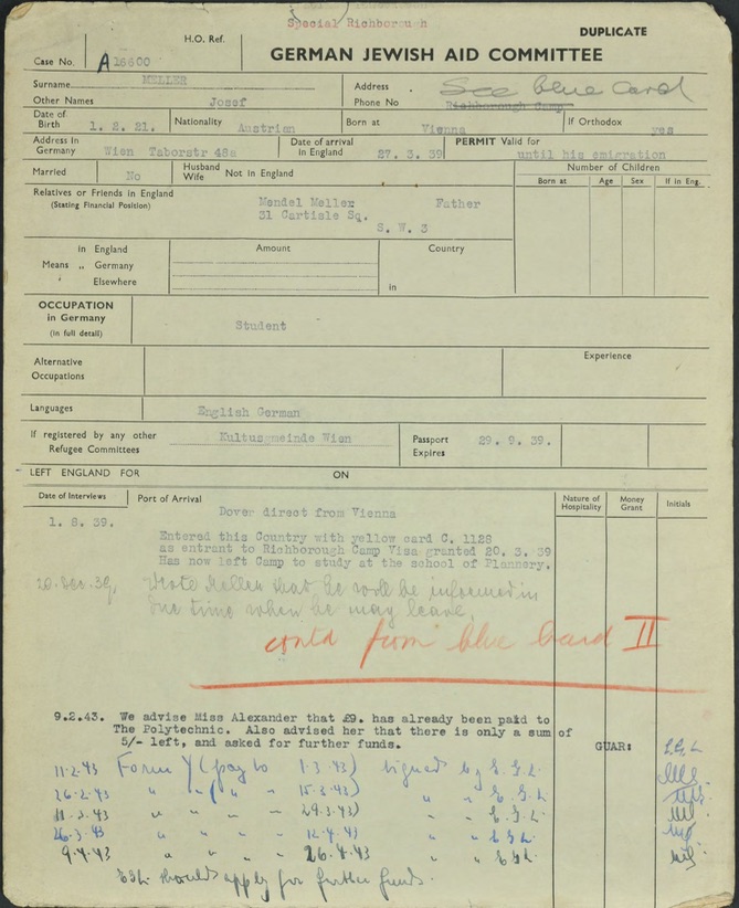 Kitchener camp, Josef Meller, WJR, Yellow form, German Jewish Aid Committee, P1